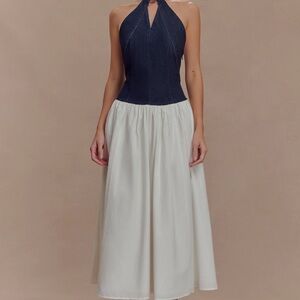 Meshki Navy and White Halter Dress